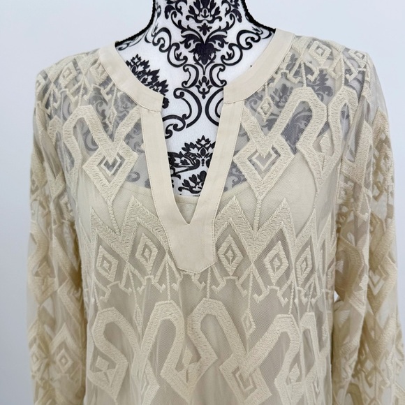 NWT Sigrid Olsen Signature Beige Sheer Tunic Long Sleeve Boho Resort Blouse, L - Picture 12 of 14